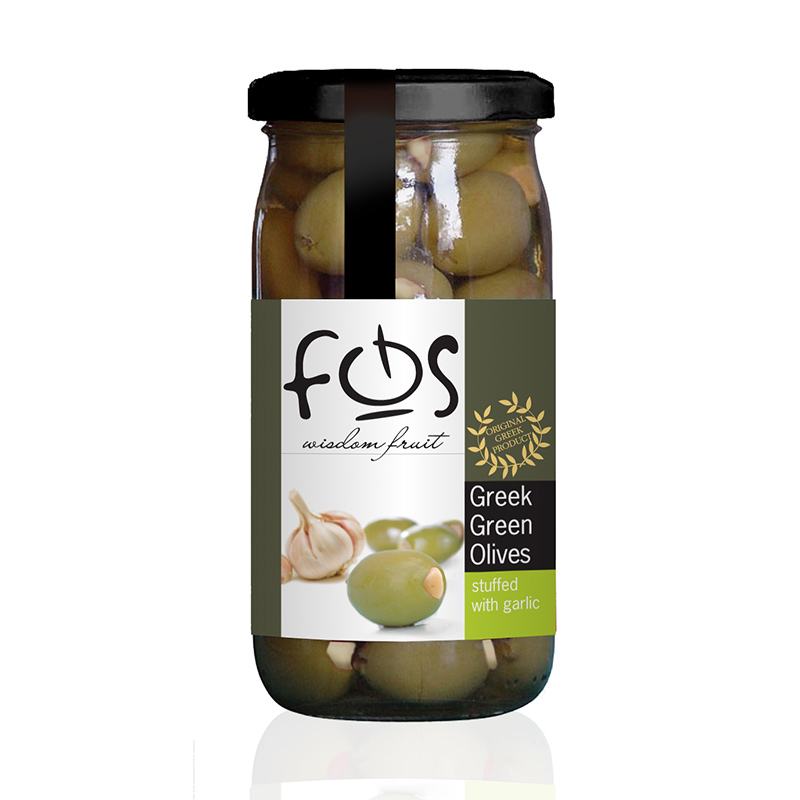 FOS – Greek Green olives stuffed with garlic – glass jar 360gr