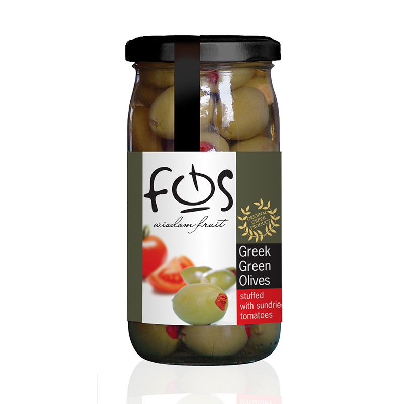 FOS – Greek Green olives stuffed with sun dried tomato – glass jar 360gr
