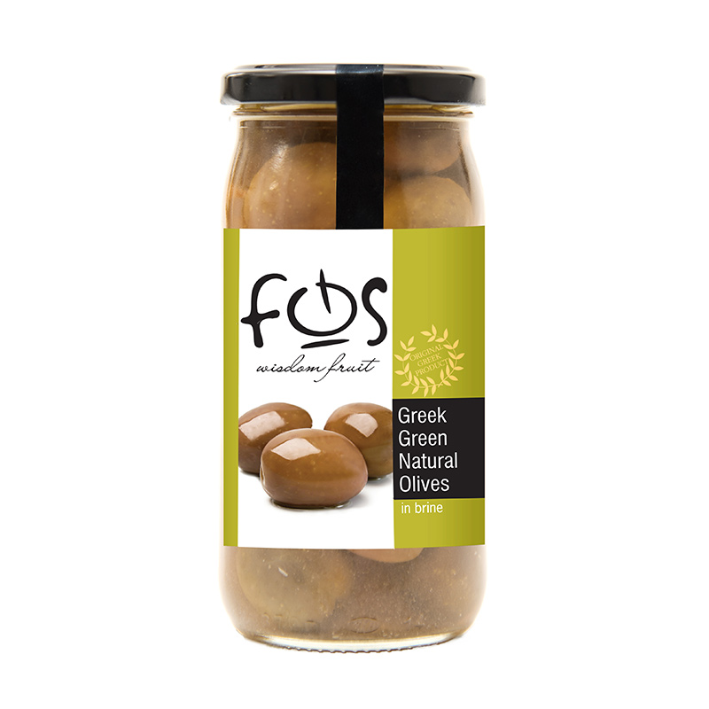 FOS – Natural Green olives whole – glass jar 360gr