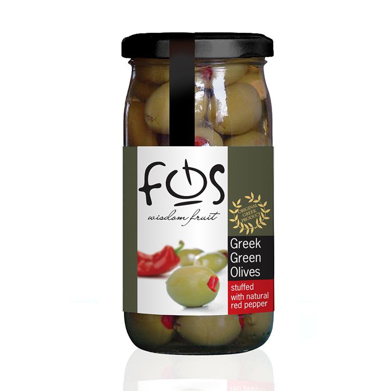 FOS – Greek Green olives stuffed with natural red roasted pepper – glass jar 360g