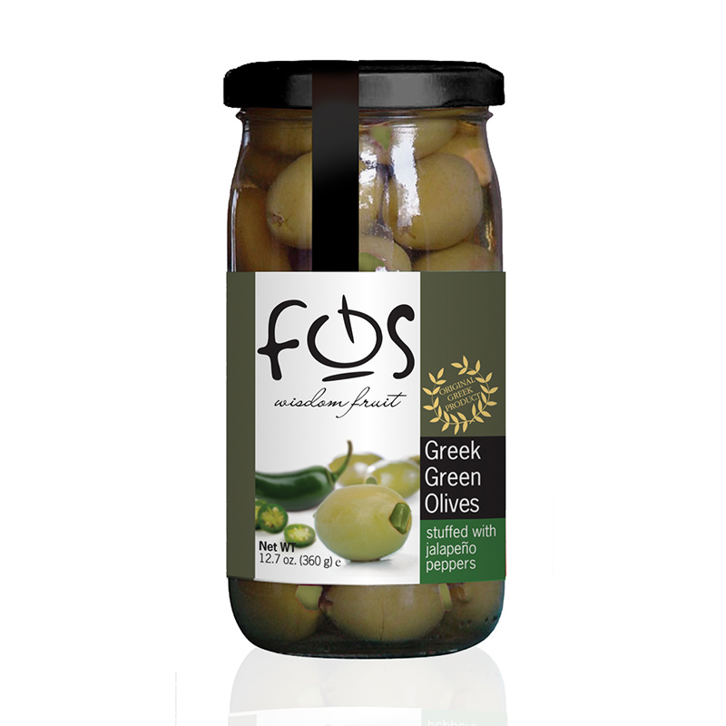 FOS – Greek Green olives stuffed with jalapeno – glass jar 360gr