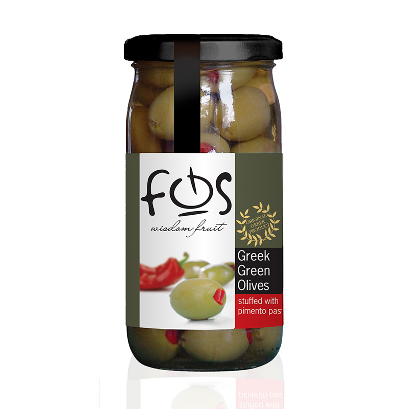 FOS – Greek Green olives stuffed with pimiento – glass jar 360gr