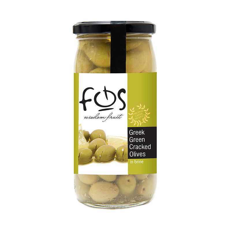 FOS – Greek Green Cracked olives – glass jar 360gr