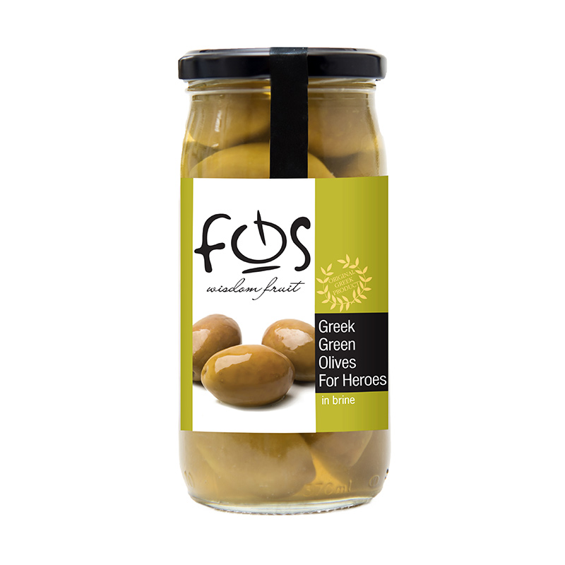 FOS – Greek Green Olives for Heroes – glass jar 360gr