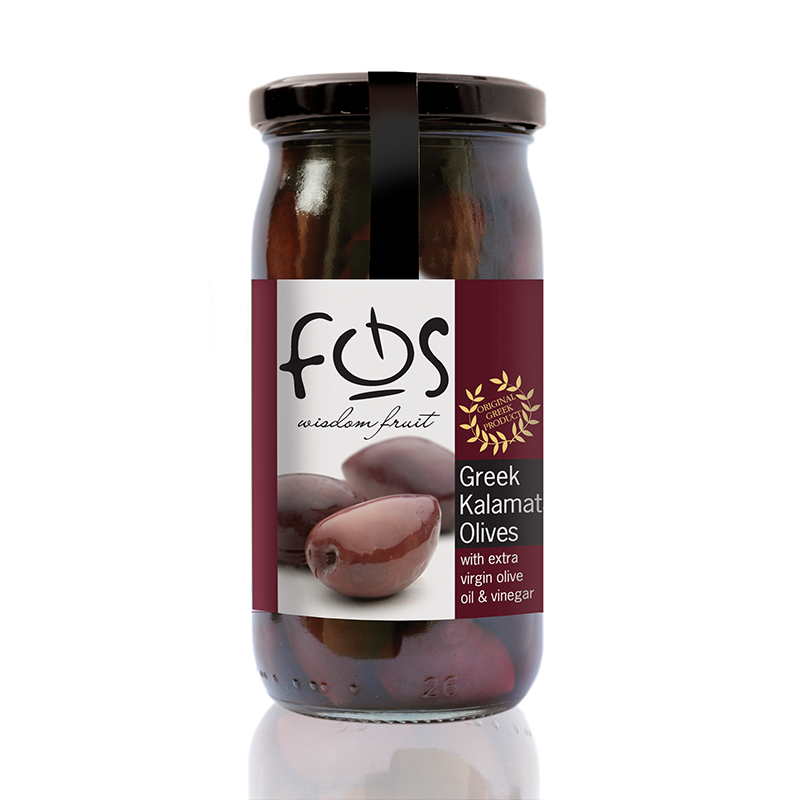 FOS – Greek Kalamata olives  whole – glass jar 360gr