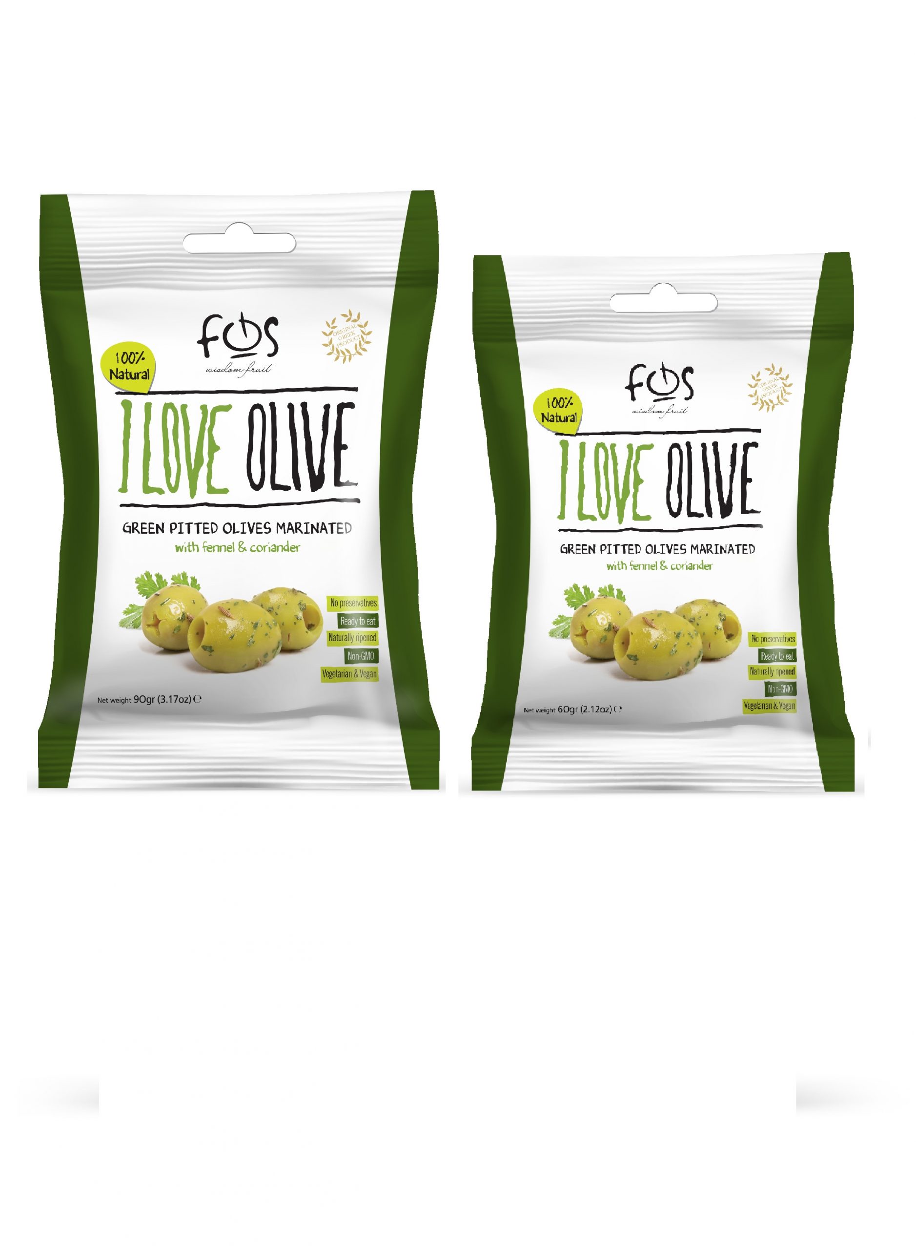 FOS – Greek Green marinated olives with fennel and coriander – pillowbag 90 and 60 gr 