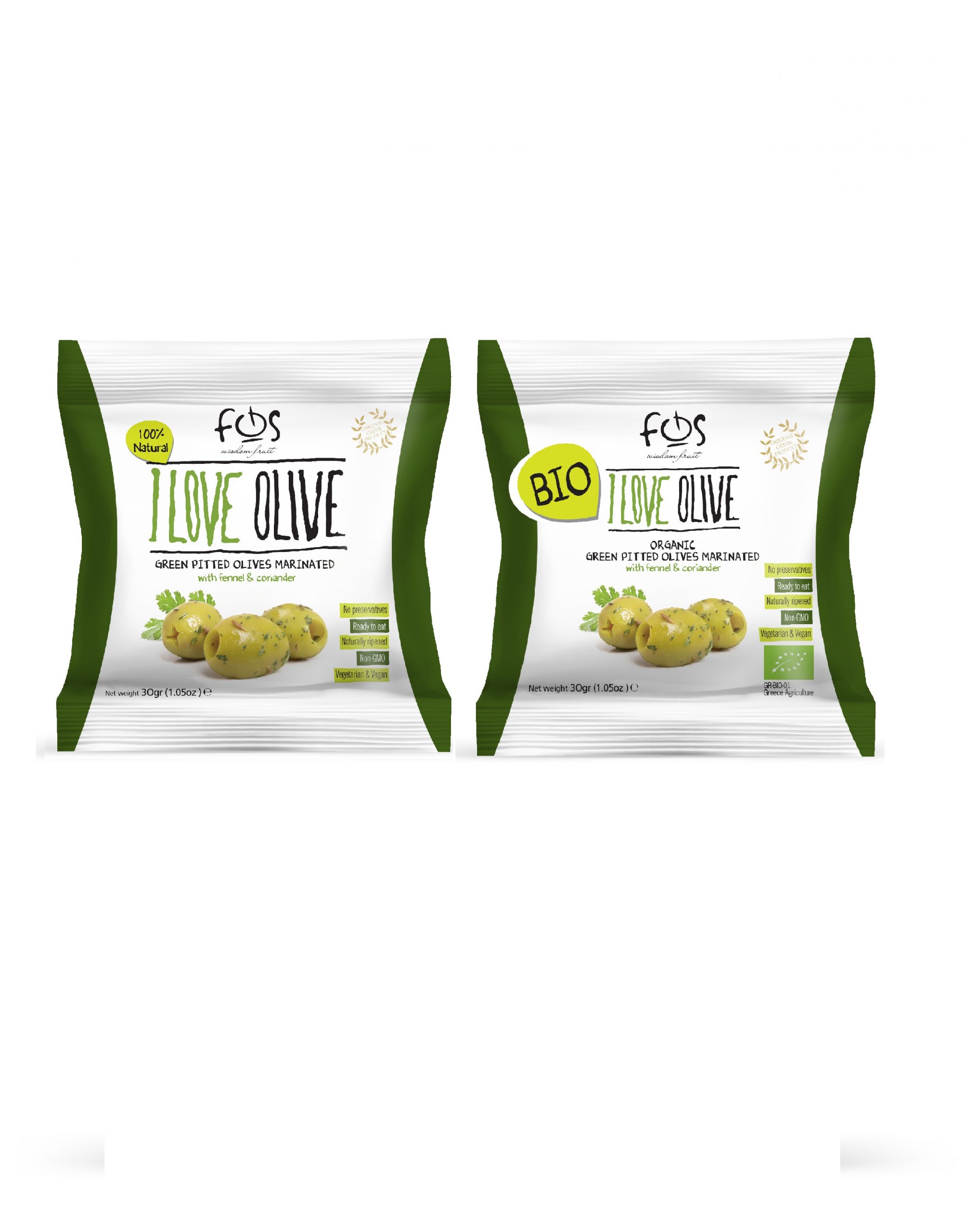 FOS –Greek Green marinated olives with fennel and coriander – pillowbag 30 gr and BIO 30 gr