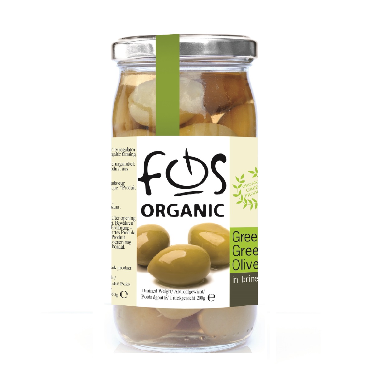 FOS –Organic  Greek Green olives whole– glass jar 150 gr