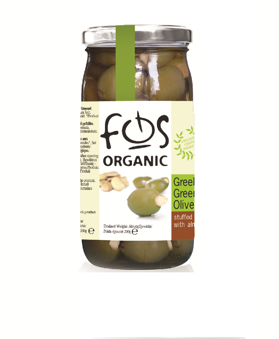 FOS –Organic Greek Green olives stuffed with almond – glass jar 360gr