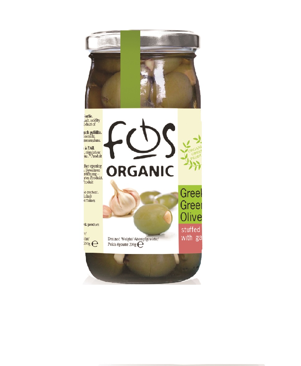 FOS – Organic Greek Green olives stuffed with garlic – glass jar 360gr